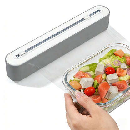 Plastic Wrap Dispenser with Cutter, Gray and White, 15 Inch, Traceless Adhesive Mount, Kitchen Food Storage