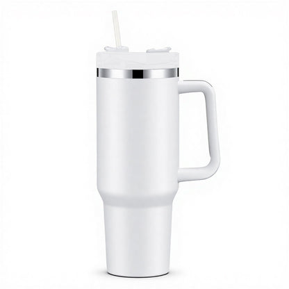 Insulated Travel Mug with Handle and Straw, White, Stainless Steel, Double Wall Vacuum Insulated Sublimation fiendly DIY Customizable