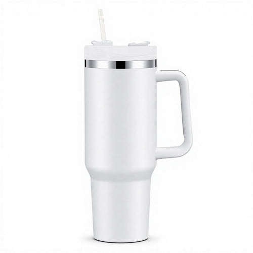 Insulated Travel Mug with Handle and Straw, White, Stainless Steel, Double Wall Vacuum Insulated Sublimation fiendly DIY Customizable