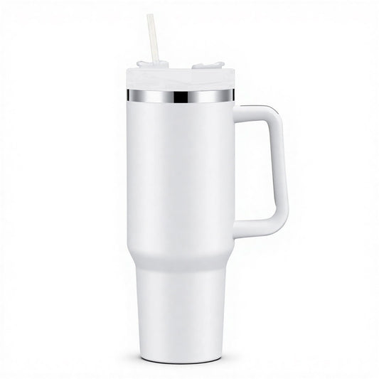 Insulated Travel Mug with Handle and Straw, White, Stainless Steel, Double Wall Vacuum Insulated Sublimation fiendly DIY Customizable