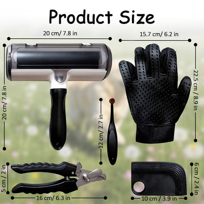 Pet Hair Remover Roller with Grooming Glove, Lint Roller, Nail Clipper, Cleaning Kit, 5-Piece Set