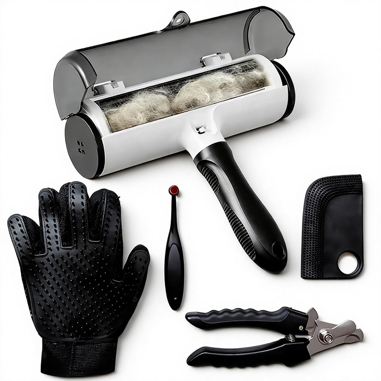 Pet Hair Remover Roller with Grooming Glove, Lint Roller, Nail Clipper, Cleaning Kit, 5-Piece Set