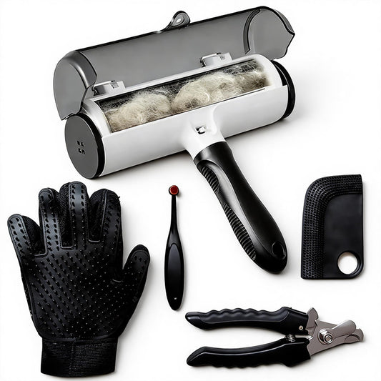 Pet Hair Remover Roller with Grooming Glove, Lint Roller, Nail Clipper, Cleaning Kit, 5-Piece Set