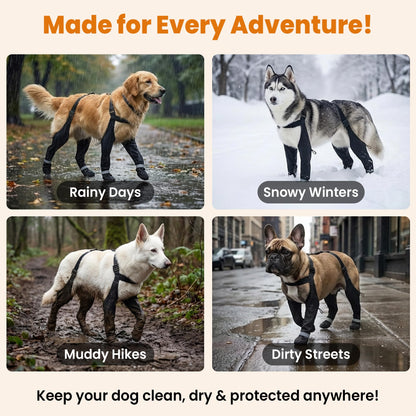 Dog Leg Protectors with Chest Harness, Waterproof Leggings with Paw Boots and Suspender System, Black, Full Body Protection for Rain Snow Mud