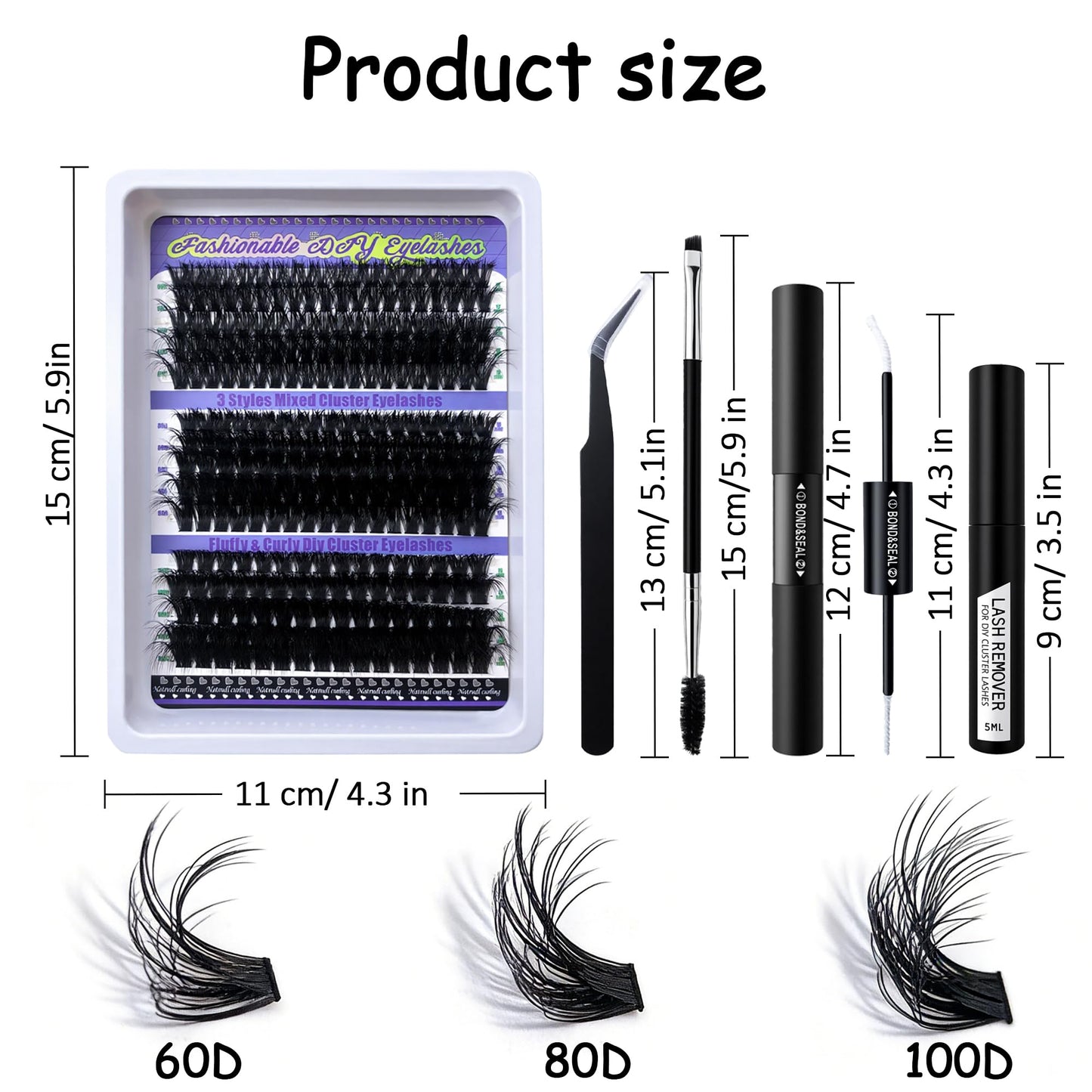 DIY Cluster Eyelashes Kit, 3 Styles Mixed, Fluffy & Curly, with Lash Remover, Tweezers, Mascara Wand