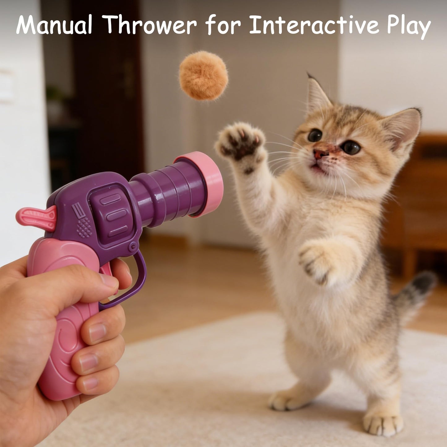 Cat Toy Launcher with 50 Colorful Pom Pom Balls, Interactive Manual Thrower for Cats, Pink and Purple, 13cm