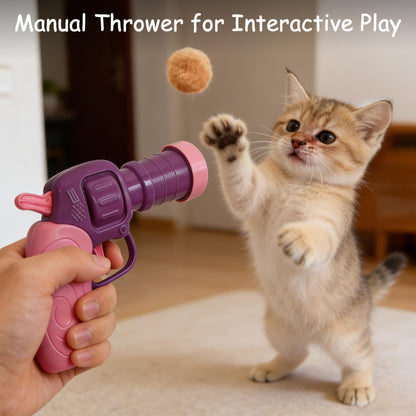 Cat Toy Launcher with 50 Colorful Pom Pom Balls, Interactive Manual Thrower for Cats, Pink and Purple, 13cm