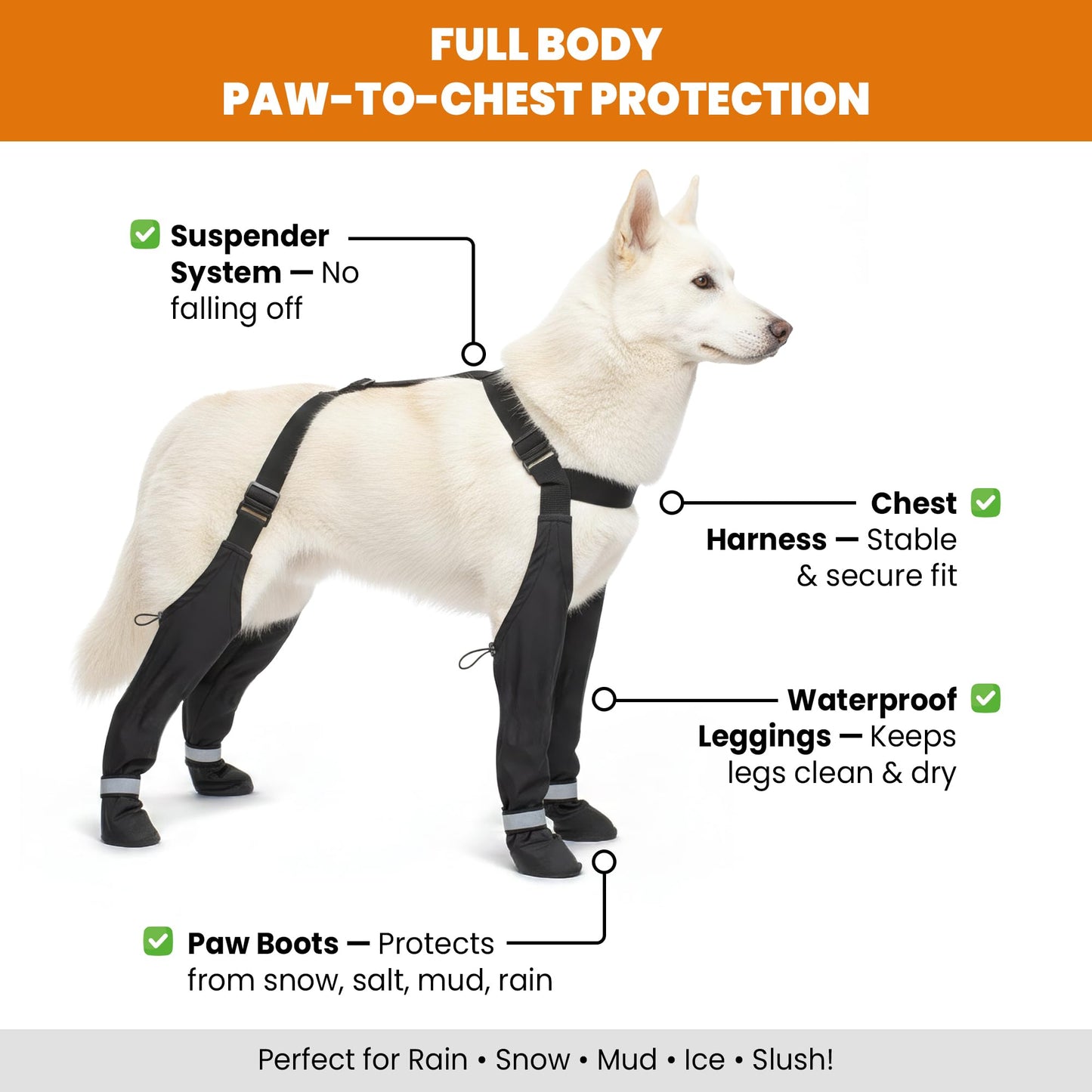 Dog Leg Protectors with Chest Harness, Waterproof Leggings with Paw Boots and Suspender System, Black, Full Body Protection for Rain Snow Mud
