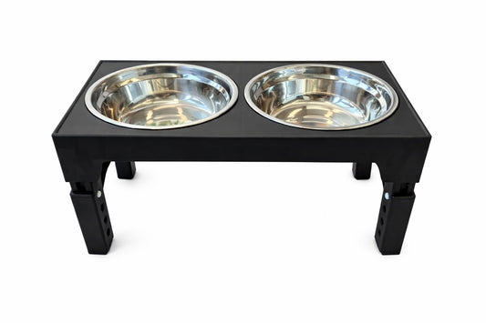 Elevated Dog Bowl Stand, Black, Adjustable Height, Double Stainless Steel Bowls,
