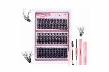 DIY Cluster Eyelashes Kit, 3 Styles Mixed, Fluffy & Curly, with Lash Remover, Tweezers, Mascara Wand