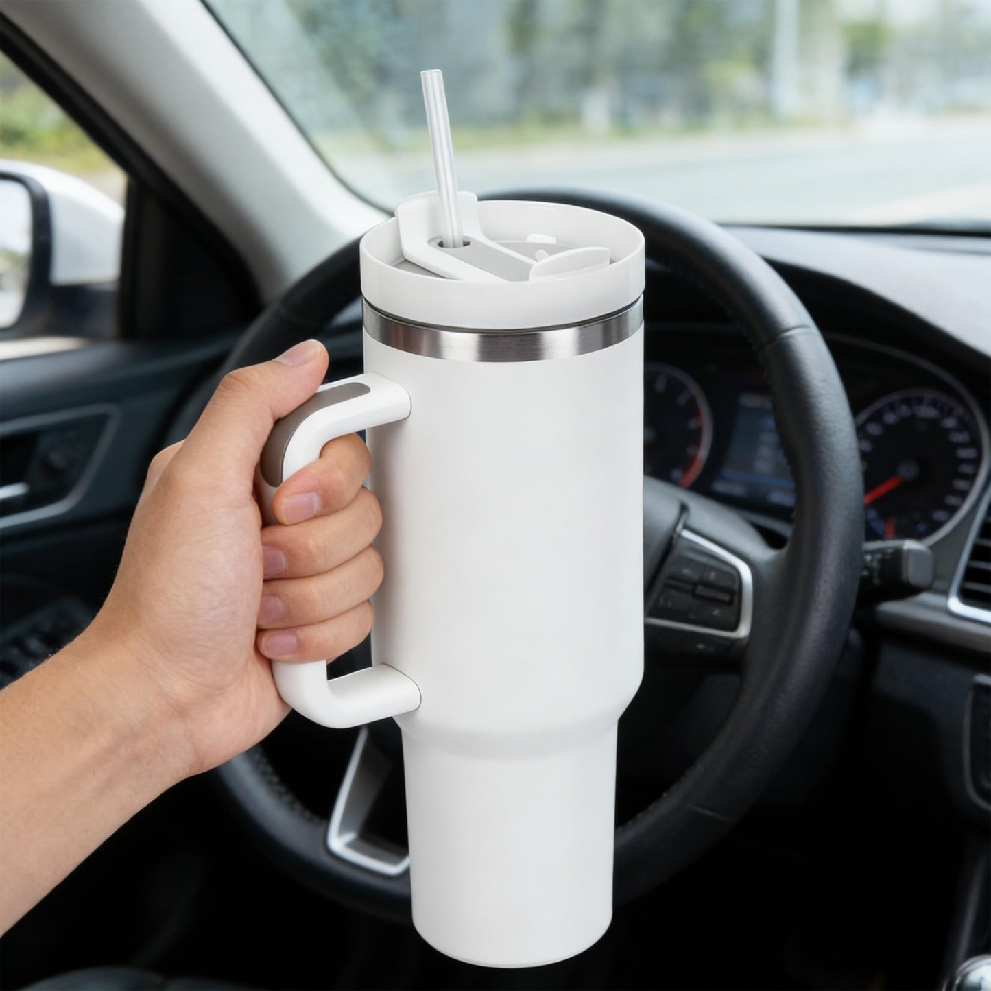 Insulated Travel Mug with Handle and Straw, White, Stainless Steel, Double Wall Vacuum Insulated Sublimation fiendly DIY Customizable
