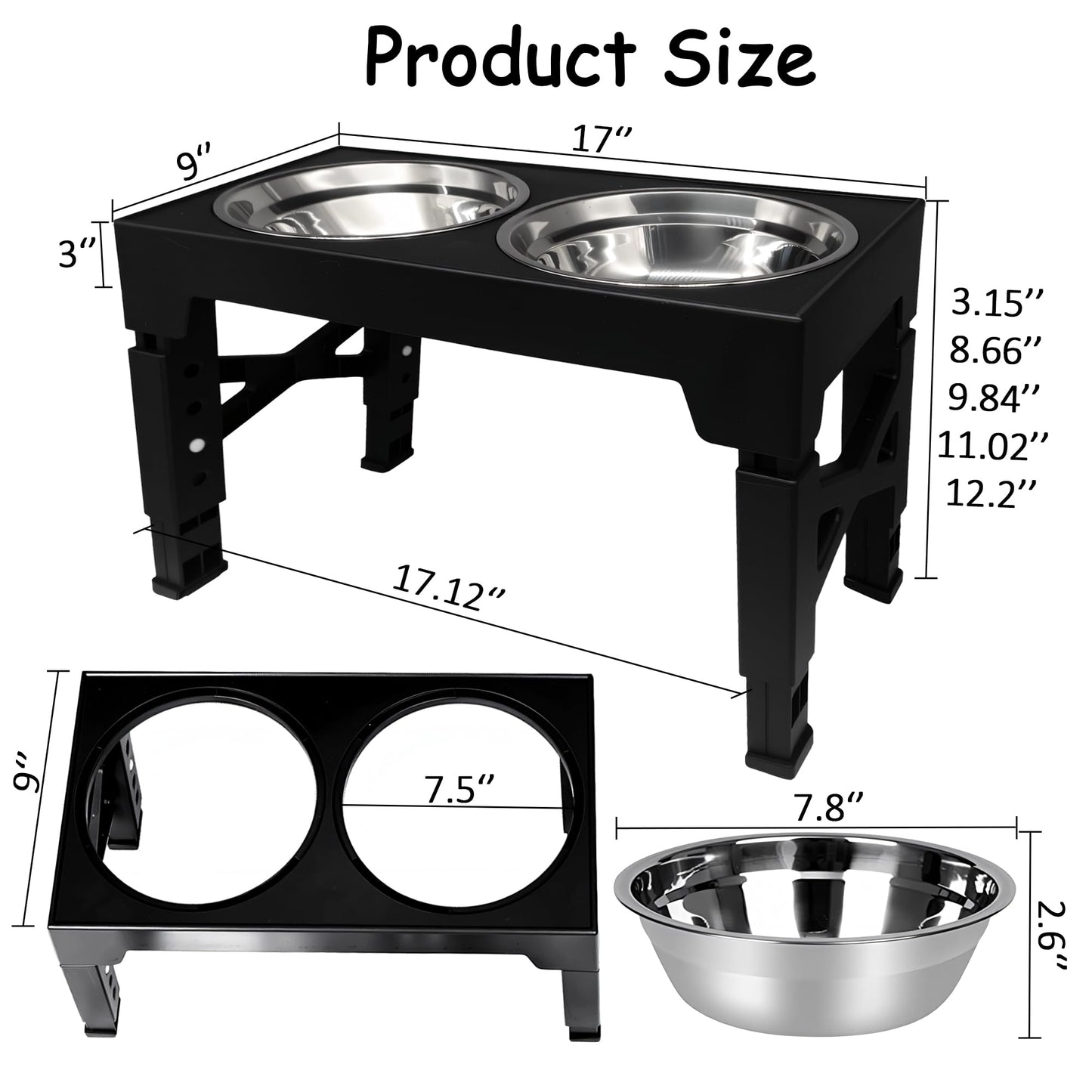 Elevated Dog Bowl Stand, Black, Adjustable Height, Double Stainless Steel Bowls,