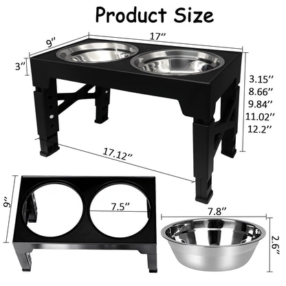 Elevated Dog Bowl Stand, Black, Adjustable Height, Double Stainless Steel Bowls,