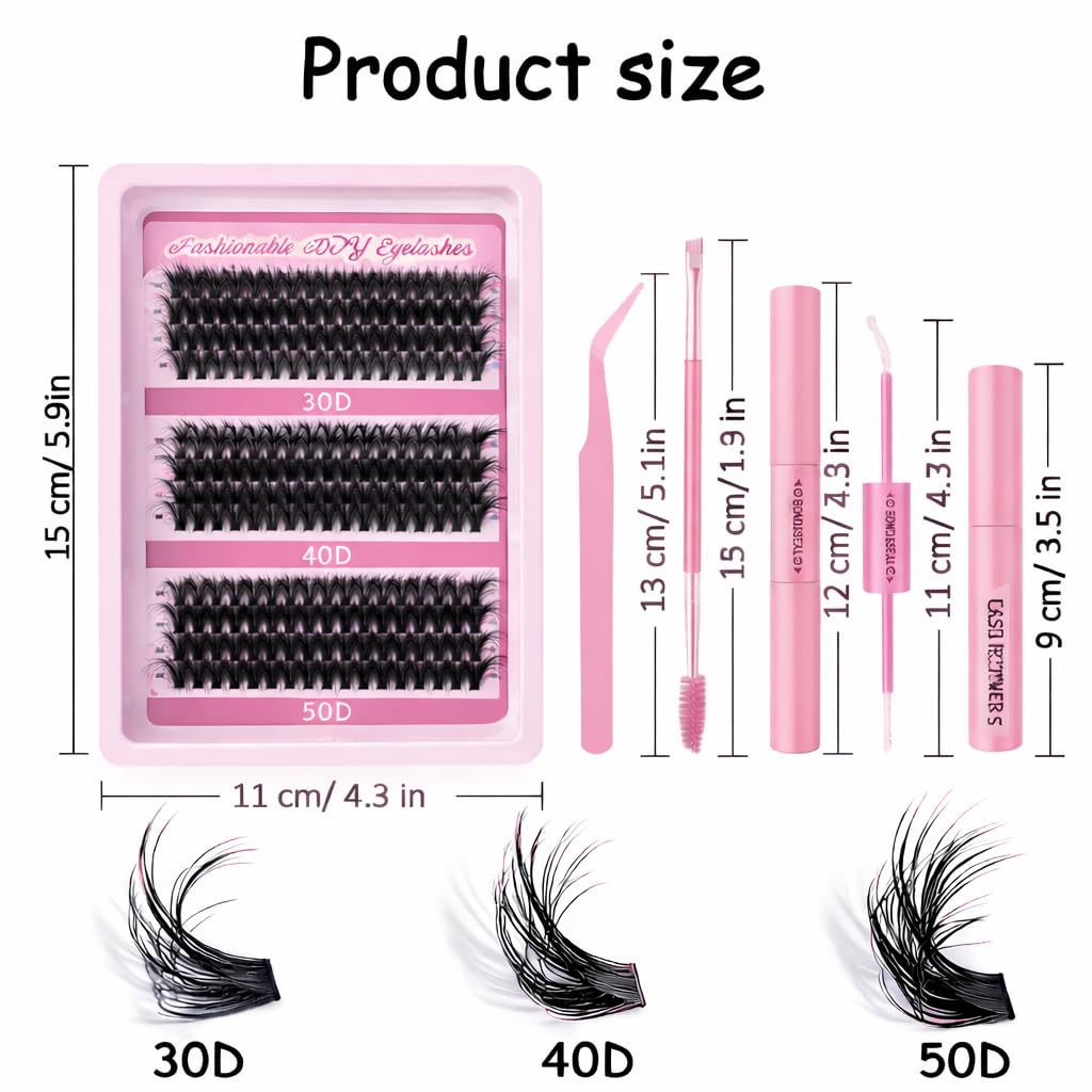 DIY Cluster Eyelashes Kit, 3 Styles Mixed, Fluffy & Curly, with Lash Remover, Tweezers, Mascara Wand