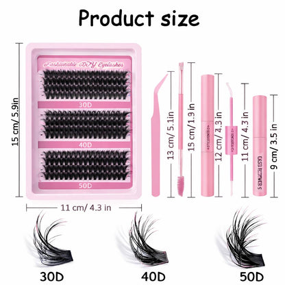 DIY Cluster Eyelashes Kit, 3 Styles Mixed, Fluffy & Curly, with Lash Remover, Tweezers, Mascara Wand