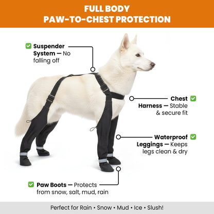 Dog Leg Protectors with Chest Harness, Waterproof Leggings with Paw Boots and Suspender System, Black, Full Body Protection for Rain Snow Mud