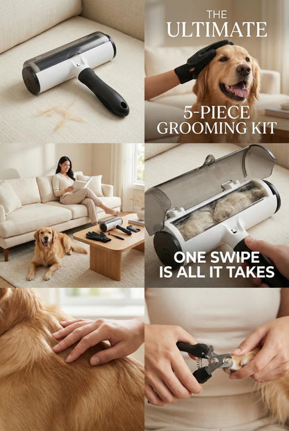 Pet Hair Remover Roller with Grooming Glove, Lint Roller, Nail Clipper, Cleaning Kit, 5-Piece Set