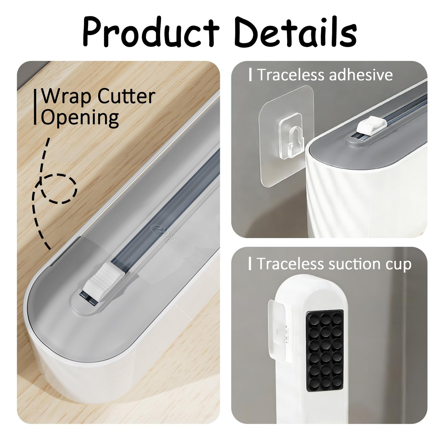 Plastic Wrap Dispenser with Cutter, Gray and White, 15 Inch, Traceless Adhesive Mount, Kitchen Food Storage