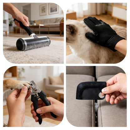 Pet Hair Remover Roller with Grooming Glove, Lint Roller, Nail Clipper, Cleaning Kit, 5-Piece Set