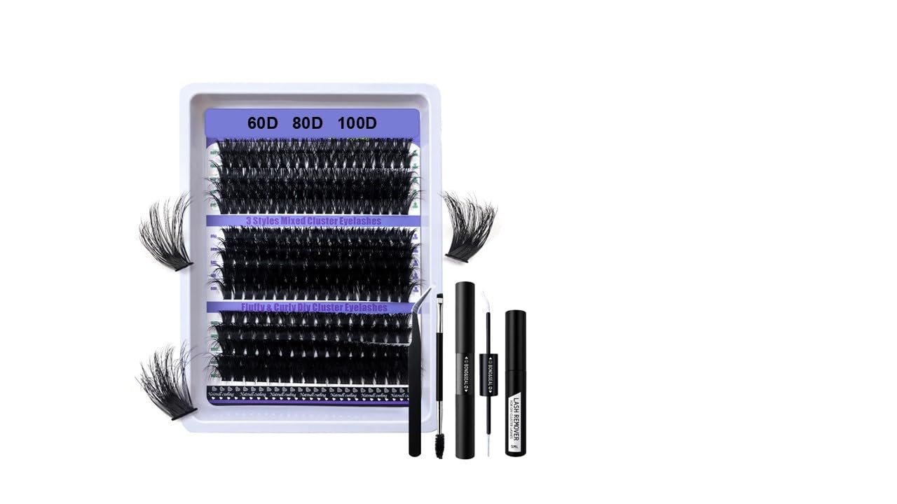 DIY Cluster Eyelashes Kit, 3 Styles Mixed, Fluffy & Curly, with Lash Remover, Tweezers, Mascara Wand