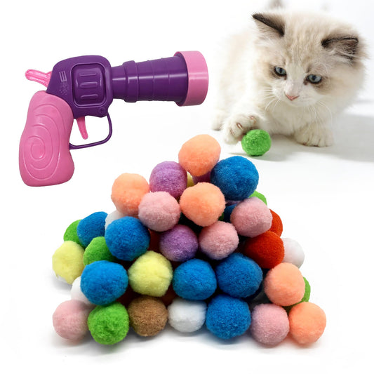 Cat Toy Launcher with 50 Colorful Pom Pom Balls, Interactive Manual Thrower for Cats, Pink and Purple, 13cm