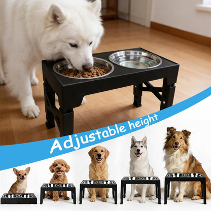 Elevated Dog Bowl Stand, Black, Adjustable Height, Double Stainless Steel Bowls,