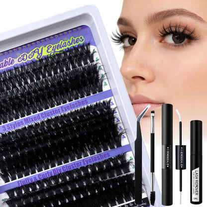 DIY Cluster Eyelashes Kit, 3 Styles Mixed, Fluffy & Curly, with Lash Remover, Tweezers, Mascara Wand