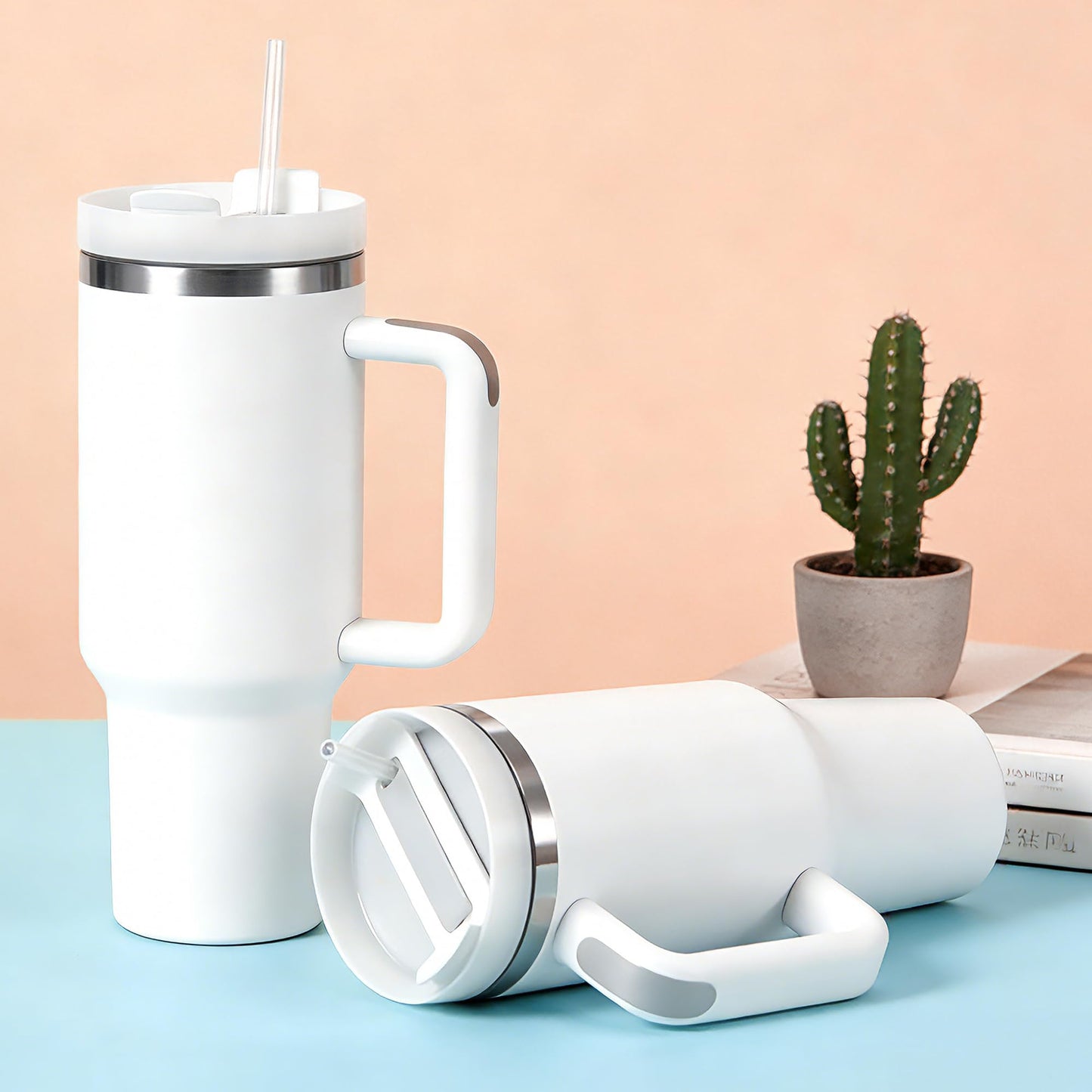 Insulated Travel Mug with Handle and Straw, White, Stainless Steel, Double Wall Vacuum Insulated Sublimation fiendly DIY Customizable