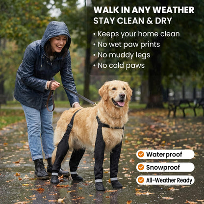 Dog Leg Protectors with Chest Harness, Waterproof Leggings with Paw Boots and Suspender System, Black, Full Body Protection for Rain Snow Mud