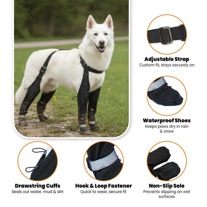 Dog Leg Protectors with Chest Harness, Waterproof Leggings with Paw Boots and Suspender System, Black, Full Body Protection for Rain Snow Mud