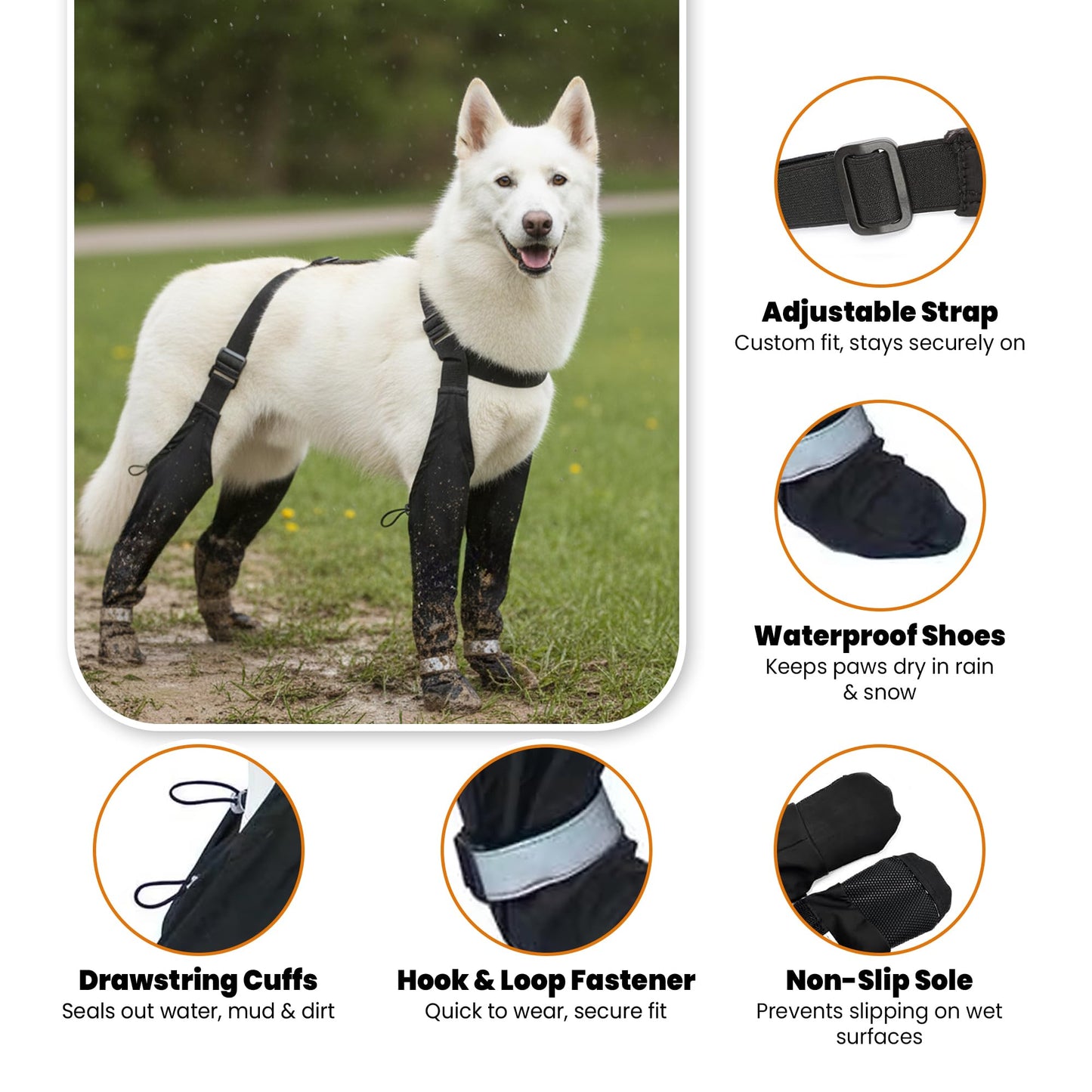 Dog Leg Protectors with Chest Harness, Waterproof Leggings with Paw Boots and Suspender System, Black, Full Body Protection for Rain Snow Mud
