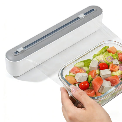 Plastic Wrap Dispenser with Cutter, Gray and White, 15 Inch, Traceless Adhesive Mount, Kitchen Food Storage