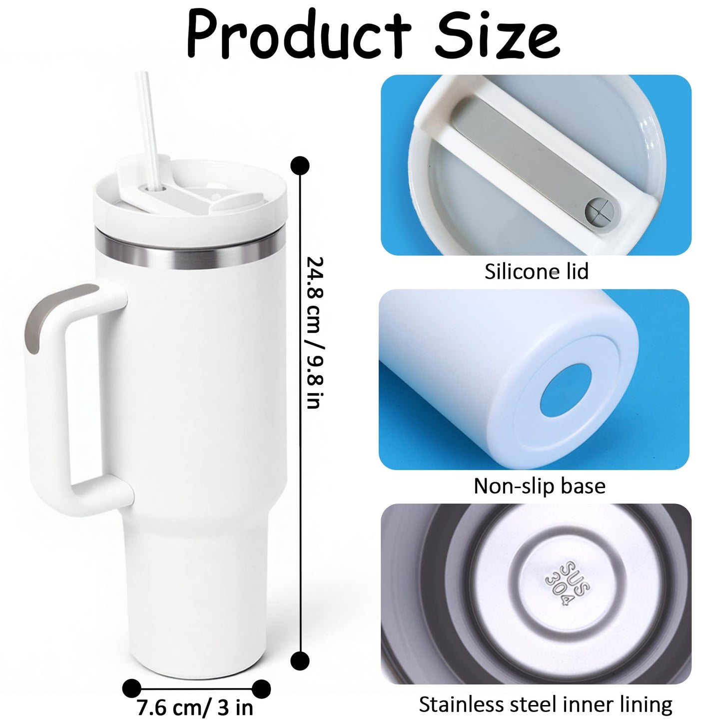 Insulated Travel Mug with Handle and Straw, White, Stainless Steel, Double Wall Vacuum Insulated Sublimation fiendly DIY Customizable
