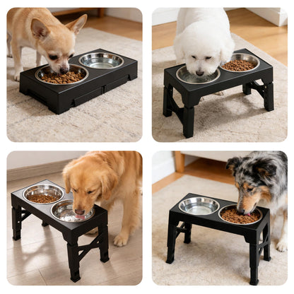 Elevated Dog Bowl Stand, Black, Adjustable Height, Double Stainless Steel Bowls,